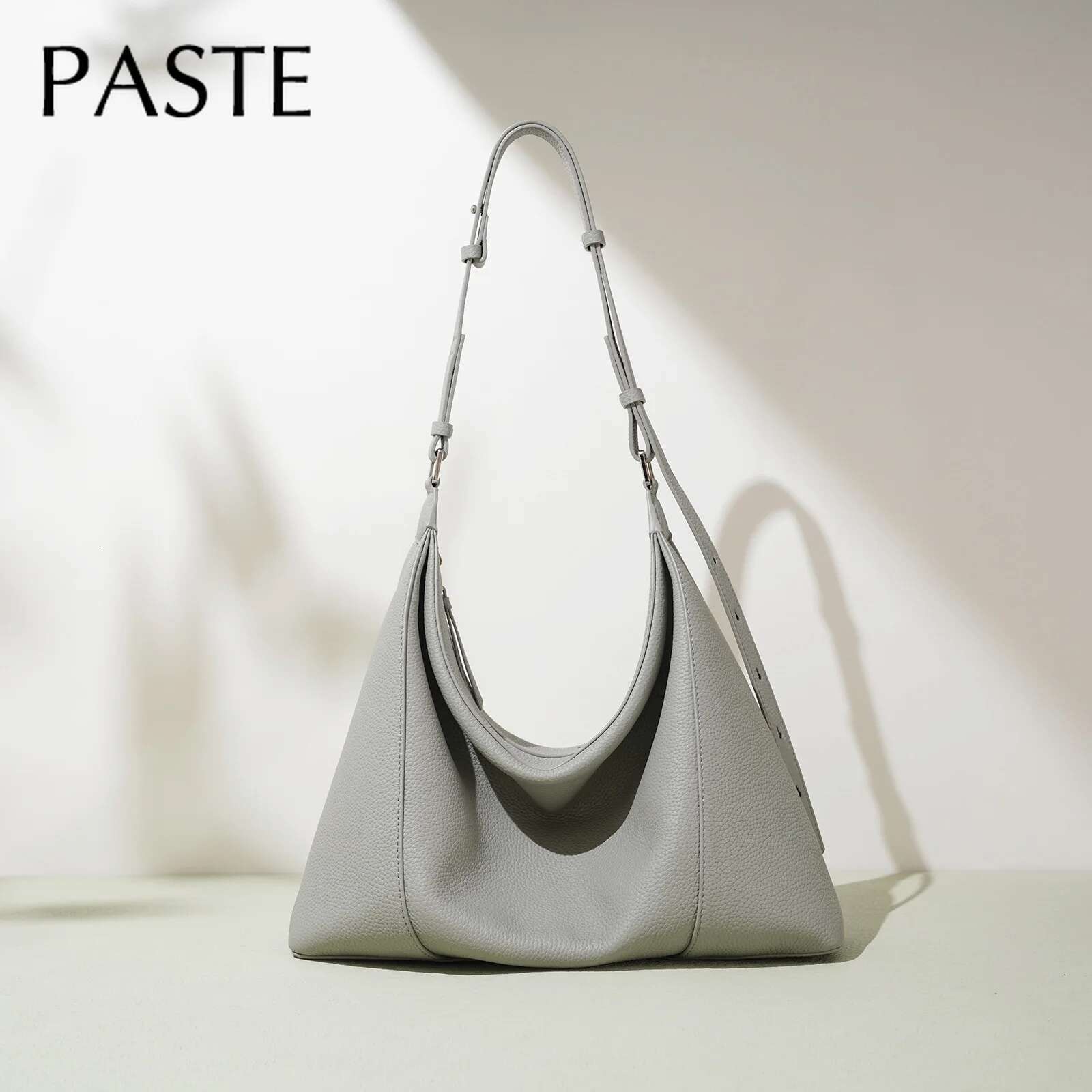 2025 Fashion Cement Grey Long Handle Hobo Tote Soft Thick Cow Leather Women Underarm Shoulder Bag Large Travel Handbag
