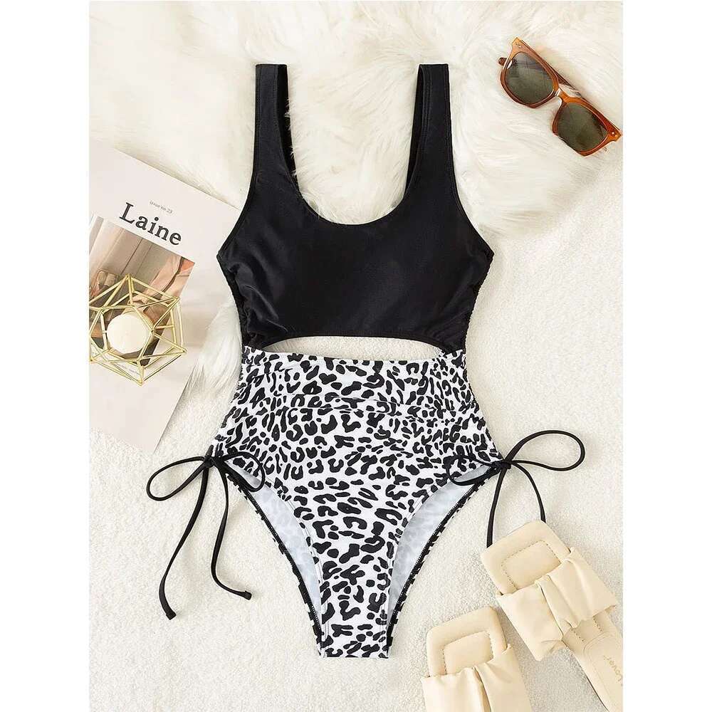 2024 Leopard Print Bikini High Waist One Piece Swimsuit for Women Sexy Hollow Out Swimwear Summer Beach Vacation Monokini New