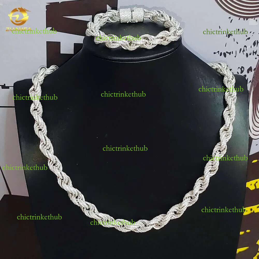 Zuanfa big size chain fashion sier jewelry 10mm vvs moissanite rope bracelet necklace for men and women