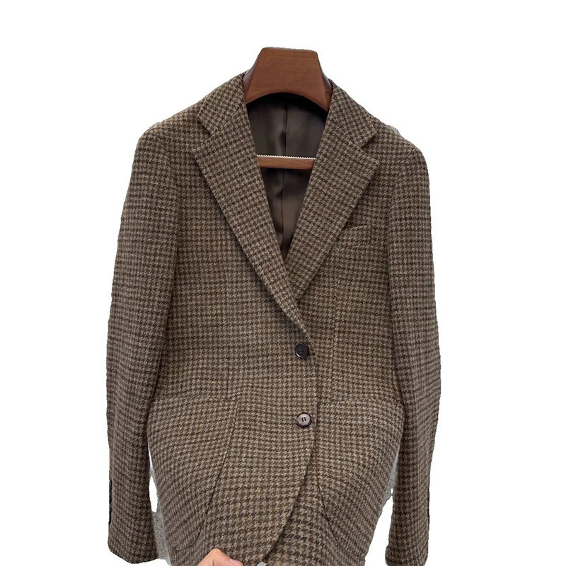 Vintage British Windsor Wool Suit Thick Autumn Winter Tweed Houndstooth Plaid Slim Fit Mens Blazer 251106