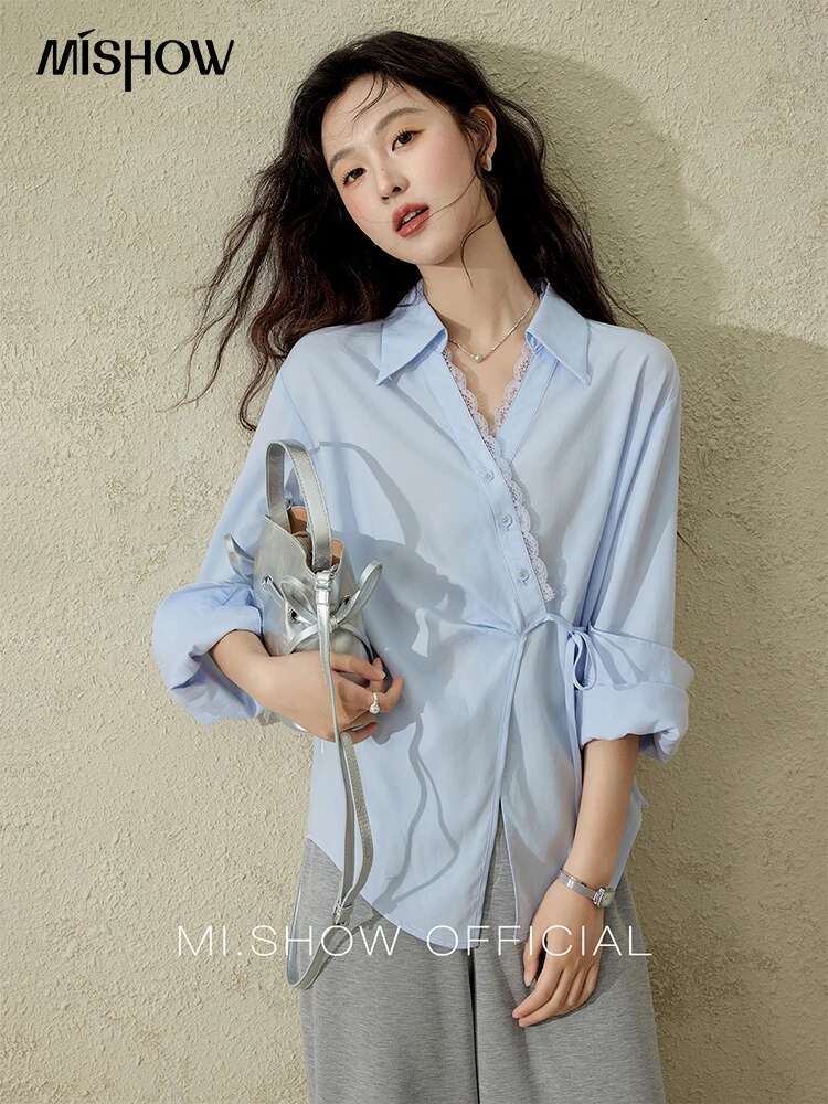 MISHOW Women's French Lyocell Shirt 2025 Spring Lapel V-neck Patchwork Lace Tops Diagonal Placket Lace-up Commute Top MXE11C0389
