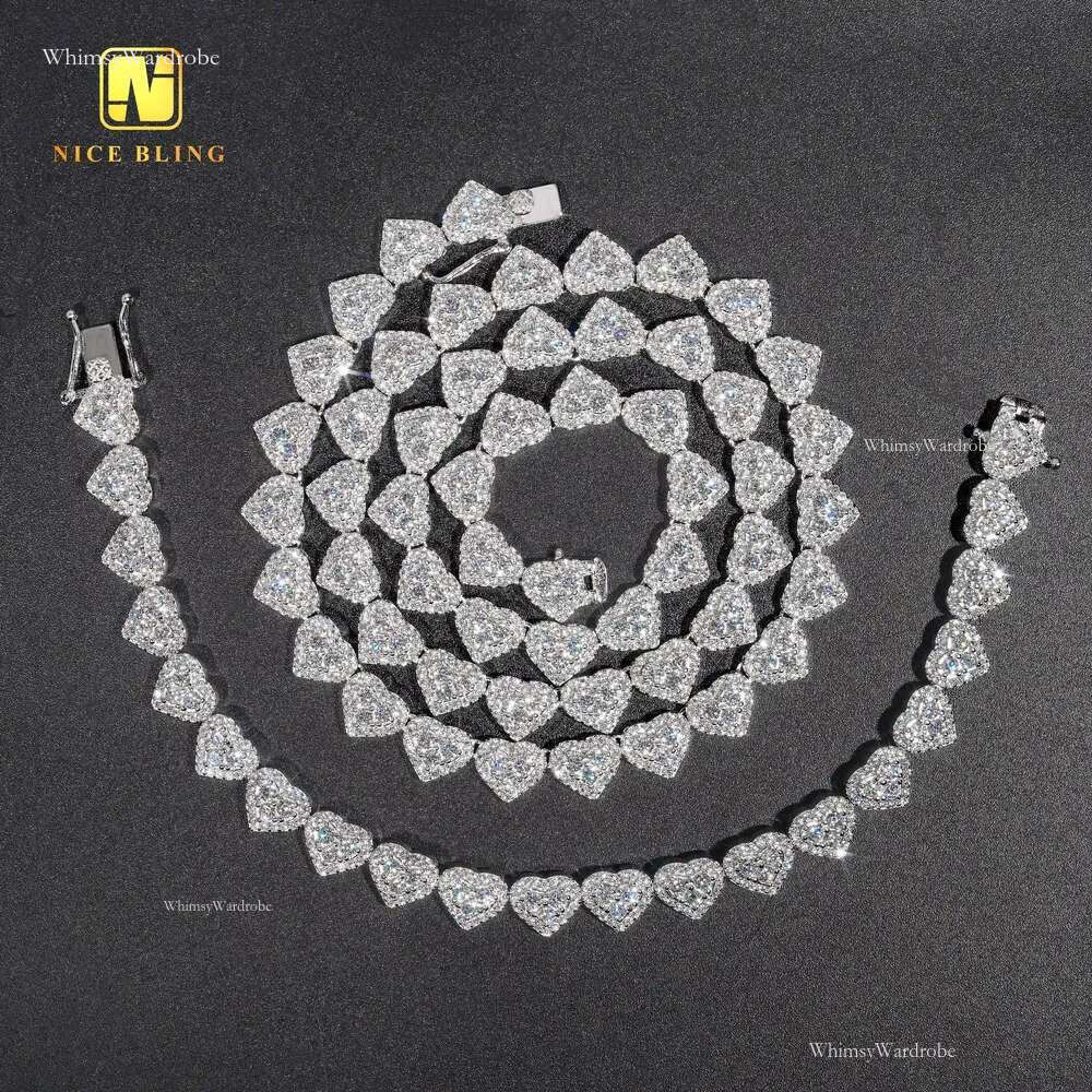 Moissanite Cluster Chain Sier Fashion Hiphop Necklace 8mm Heart Shape Lab Dia Tennis Necklaces for Men Women
