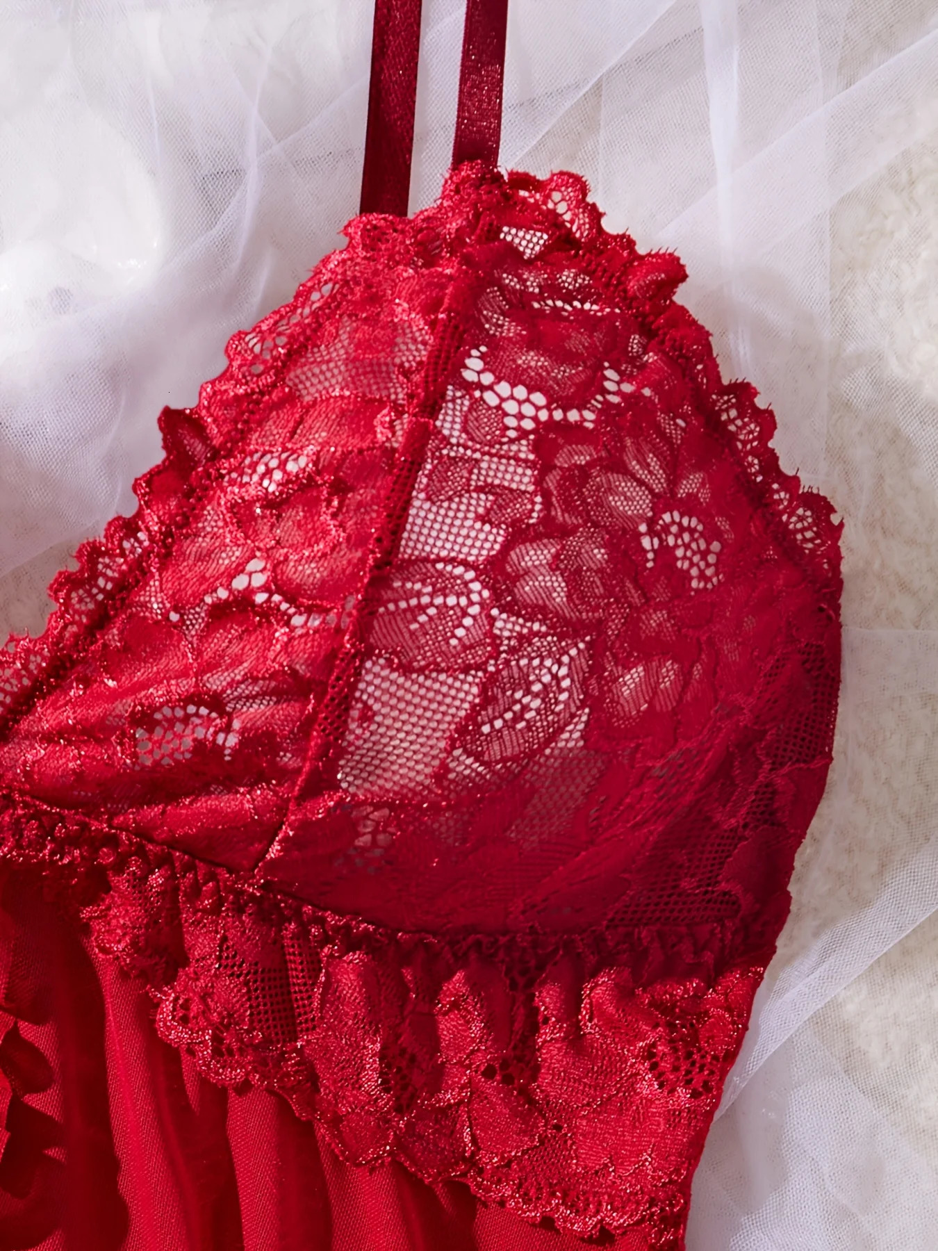 Sexy Lace Lingerie Set for Women Red Sleepwear Nightdress with Matching Panties VNeck Sheer Camisole Romantic Night 251105