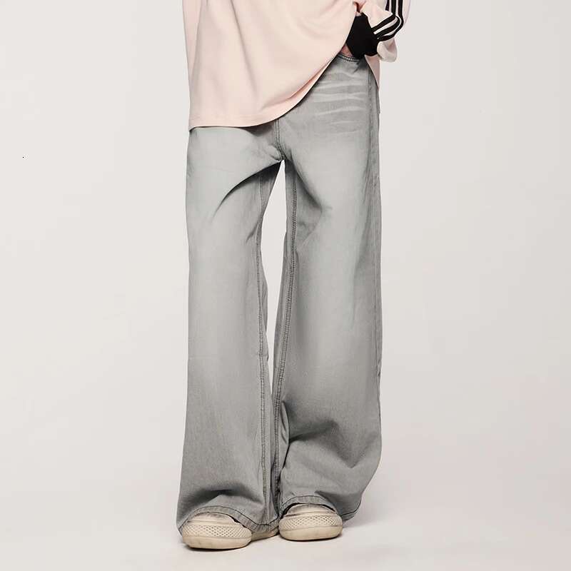 Ripple Washed Straight Leg Pants American Street Vintage Faded Denim Jeans For Men