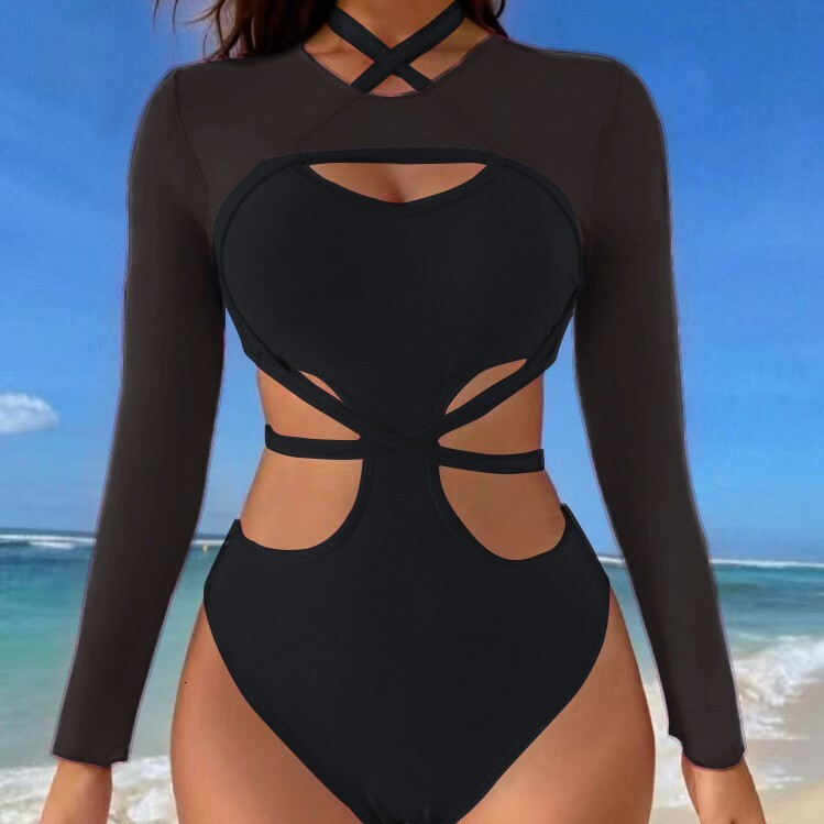2025 New Conjoined Triangle Bikini Solid Color Sexy Mesh Long Sleeve Hoodie Holiday Set Swimsuit for Women