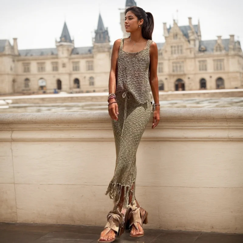 Beach hollow camisole top dress strapless top fringe dress two-piece set Bohemian style camisole top ultra-thin womens suit 250402