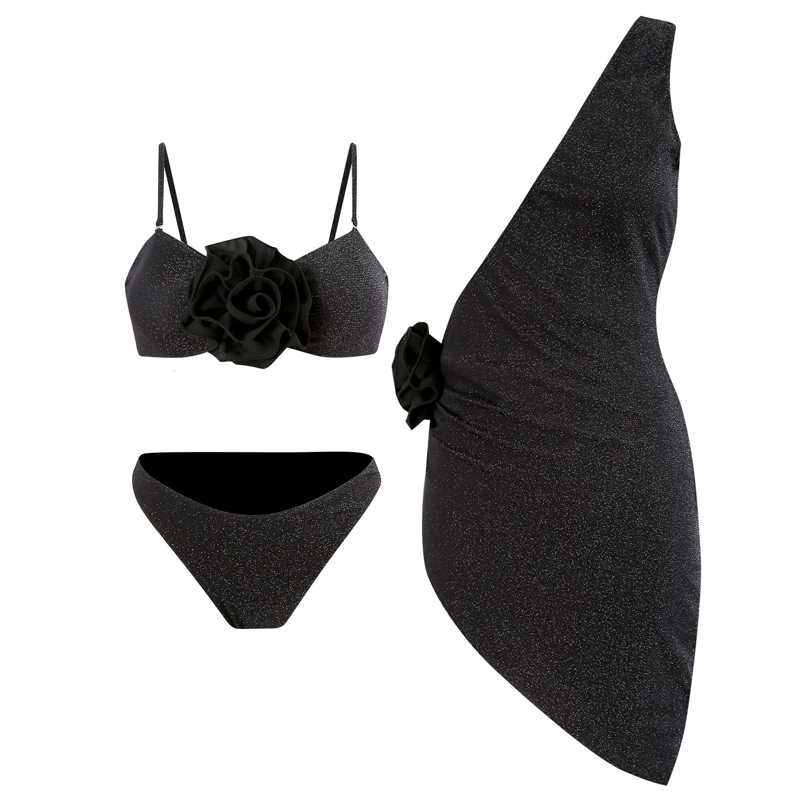 New women's three piece set solid color three-dimensional flower swimsuit