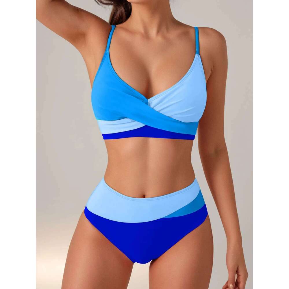 Rose Red Patchwork 2 Piece Swimsuit for Women,high Waist V-neck Suspender Backless Bikini Set,summer Beach Vacation Swimwear New