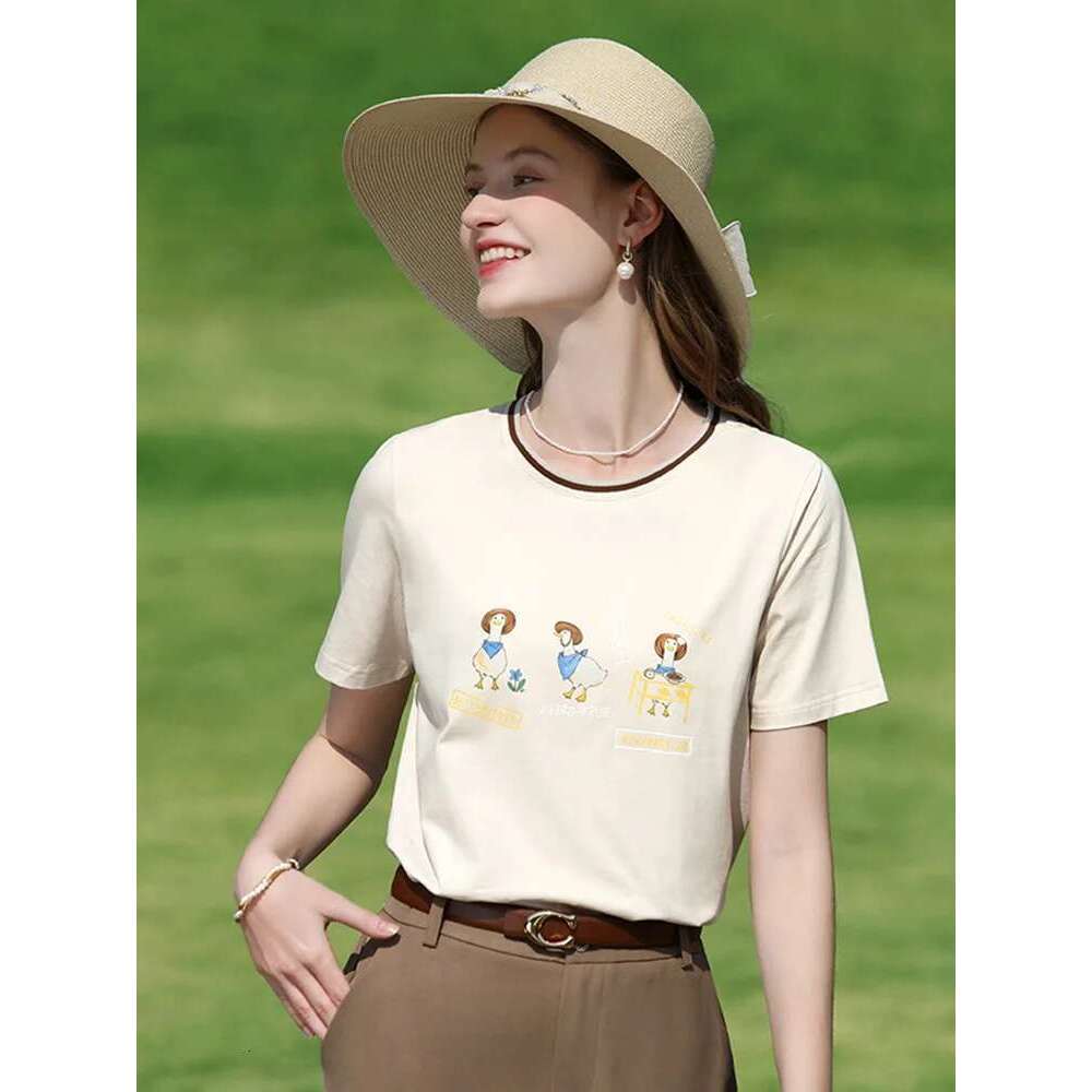 Apricot Printed Short Sleeve T-Shirt For Women Summer 2025 Contrasting Round Neck Tees Cool Cotton Tops