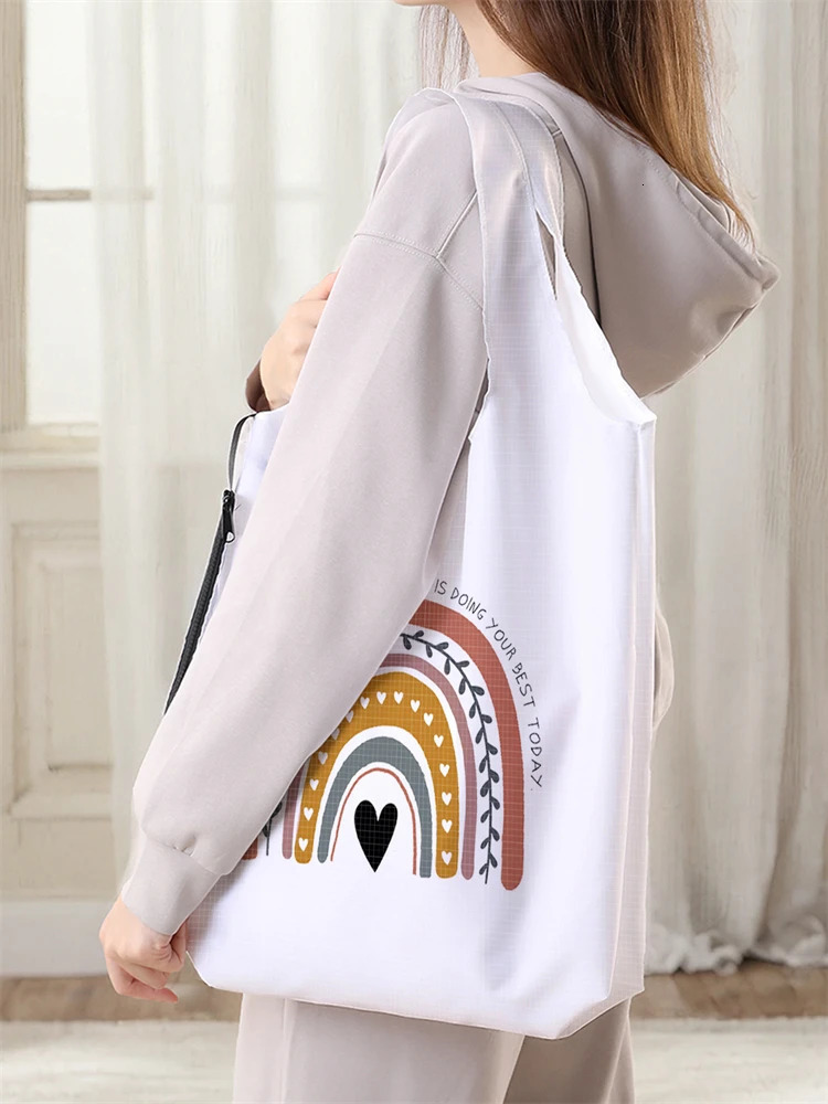 Womens Foldable Cartoon Rainbow Pattern Large Shopping Bag Storage Reusable Easy to Carry 250401