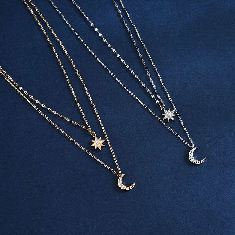 Hot S Sier Double Star Chain Layer Moon Clavicle Necklace Female Fashion Hip-hop Retro Unique Design Wedding Fine Jewelry
