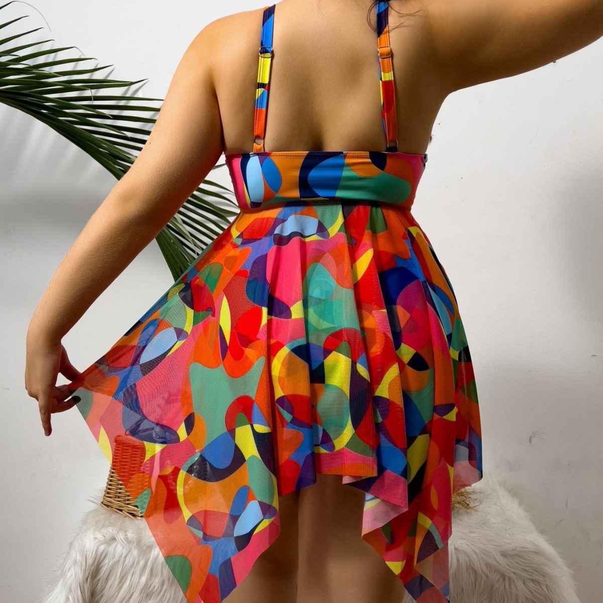 2025 new plus size printed split skirt two-piece set for fat women swimsuit