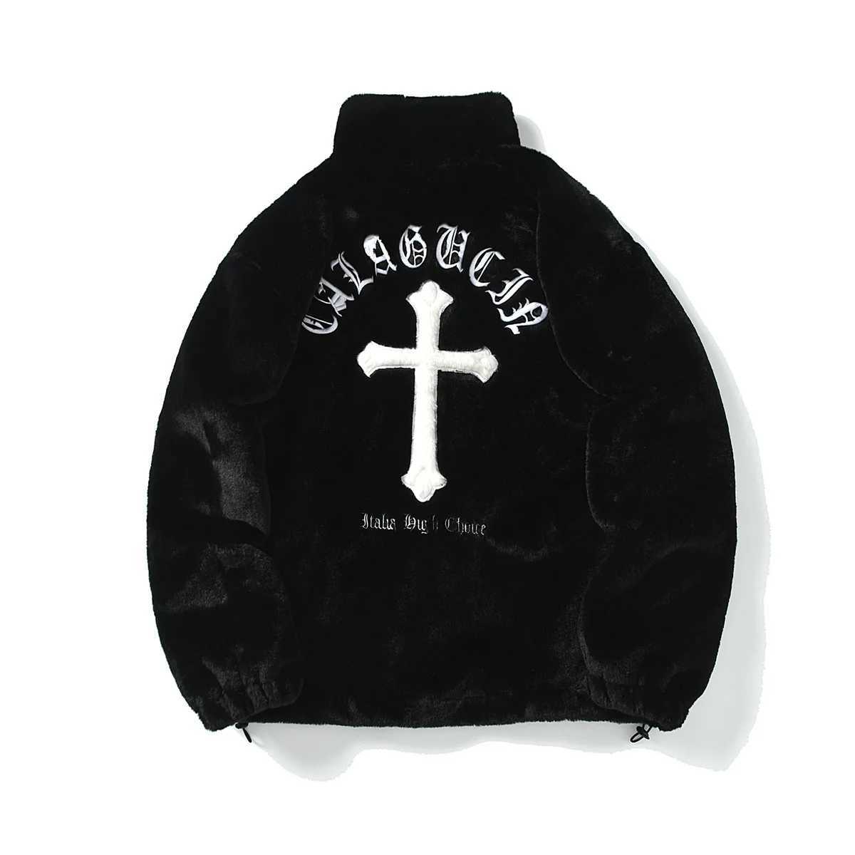 New Top Mens Rabbit Fur Fleece Jacket Hip Hop Coats Cross Letters Streetwear Casual Harajuku CoatZip Up Fashion Jackets X251106