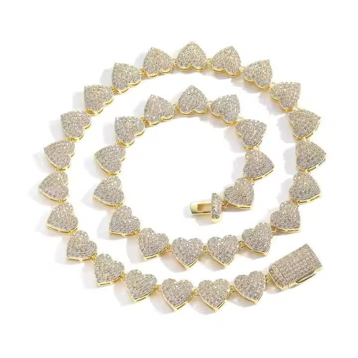 Luxury 10MM 925 Silver Moissanite Diamond Iced Hip Hop Fashion Necklace Heart Shape Clavicle Chain for Men Womens Engagement