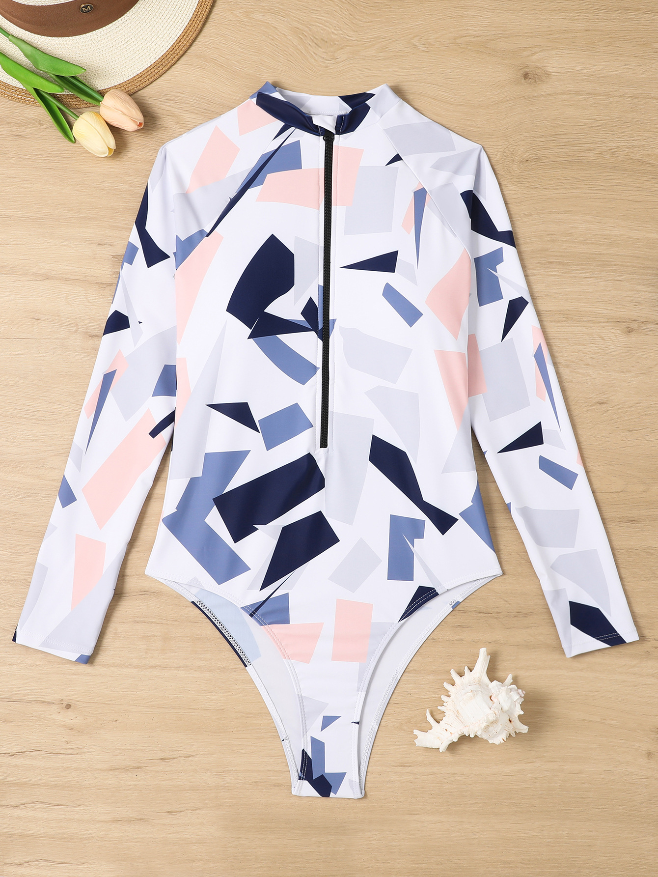 Training competitive one-piece tight fitting triangle long sleeved multi-color zipper printed surfing swimsuit for women