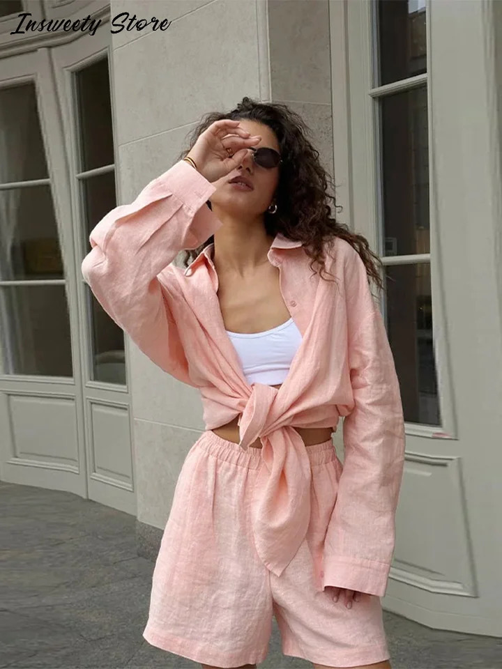 Casual shirt pants set womens solid loose single chest lapel top high waisted mens spring 250403