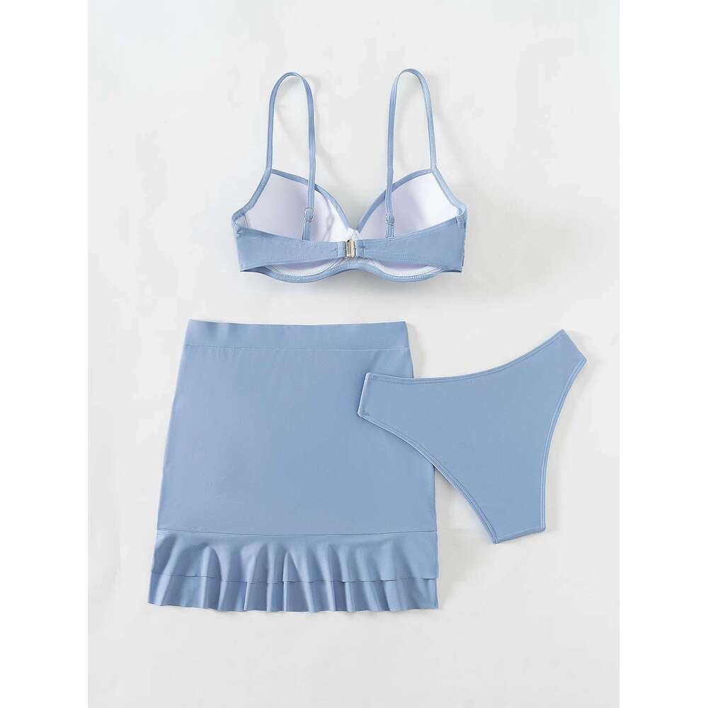 Women's Three Piece Swimsuit Solid Color V-neck Underwire Bikini Set Beach Vacation Suspender Backless Swimwear 2024