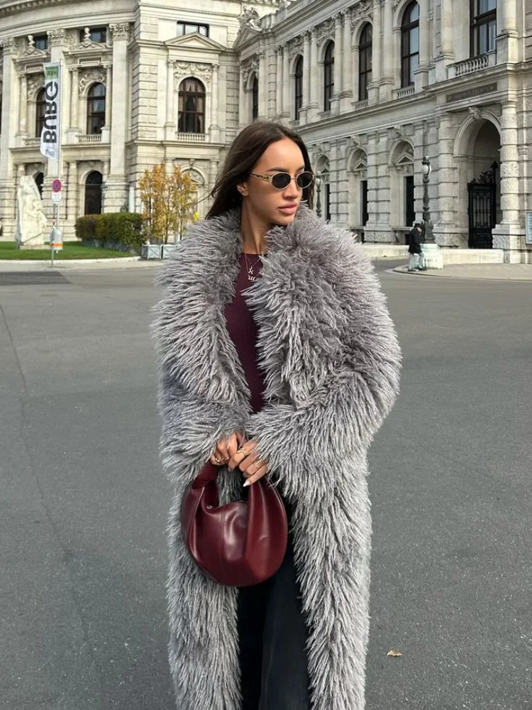 Chic Grey Fluffy Faux Fur Overcoat Women Lapel Full Sleeve Warm Loose Long Coats Lady Winter Daily Street Outwear 251028