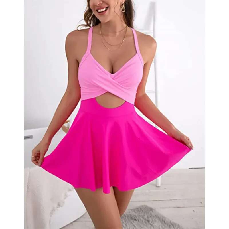 Patchwork Swimwear Women 2023 V-neck One Piece Bikini High Waist Hollow Out Monokini Summer Cross Bandage Backless Beachwear