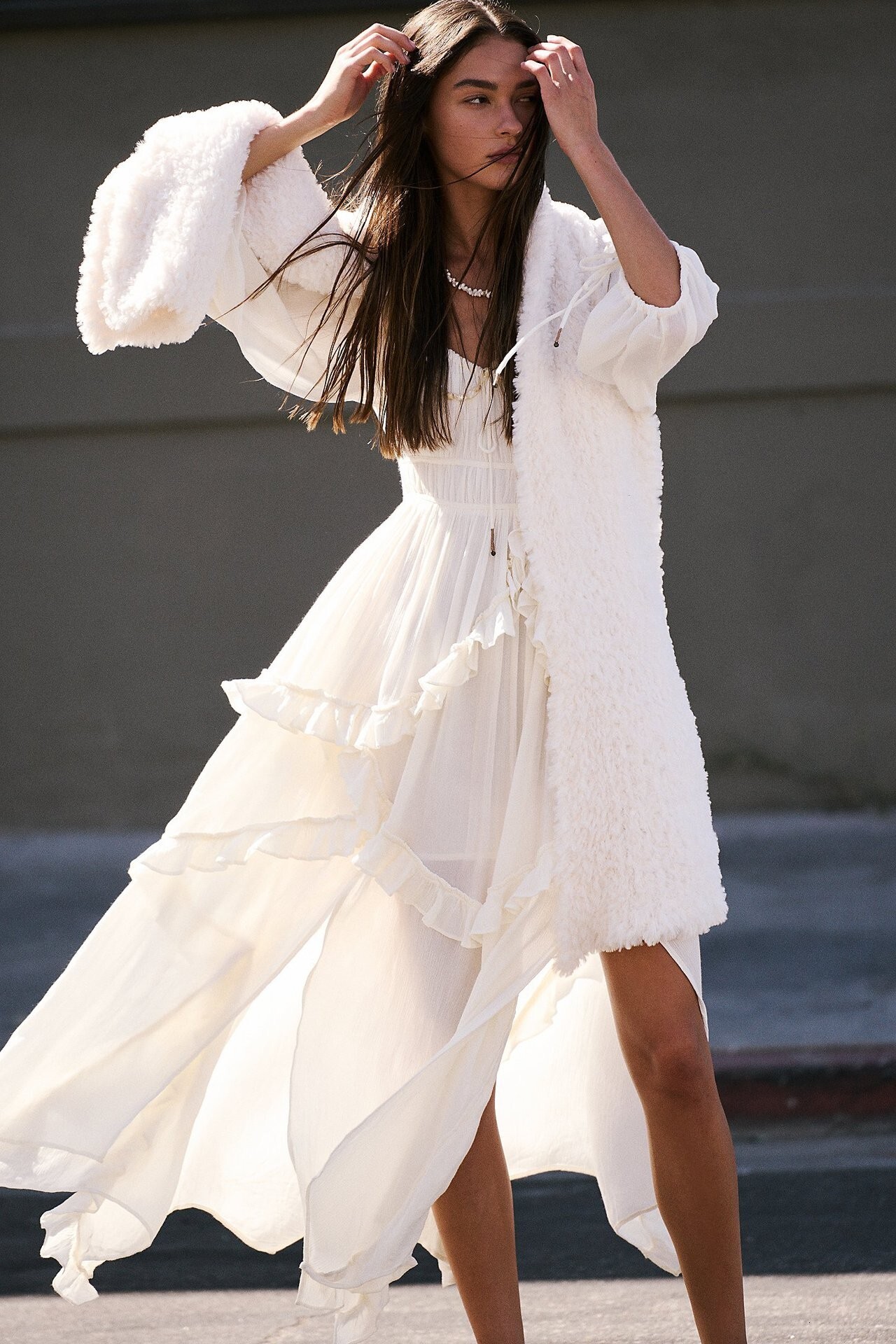 2025 Autumn New Style U-neck Ruffled Lace Patchwork Slit Gentle Big Swing Dress Long Skirt