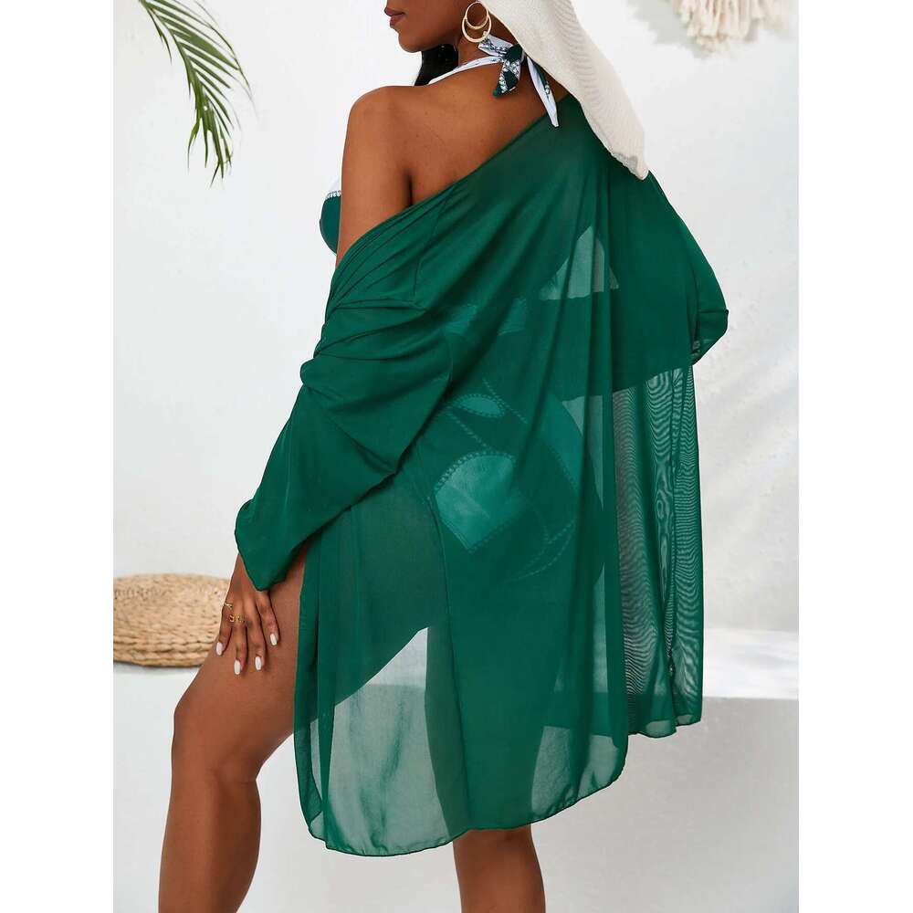 Green Print 3-piece Swimsuit for Women,long Sleeve Mesh Cover-ups Bikini,high Waist,V-neck Halter Backless Swimwear,2024 New