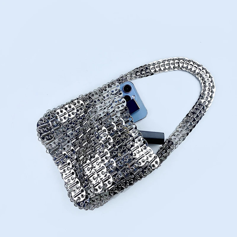 Shiny vintage iron sheet bag hand-woven silver sequins metal dumpling bag mobile phone bag handbag shoulder bag 251106
