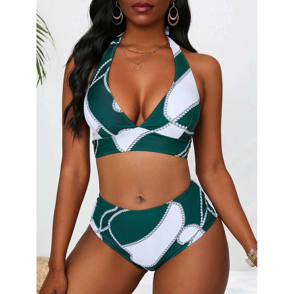 Green Print 3-piece Swimsuit for Women,long Sleeve Mesh Cover-ups Bikini,high Waist,V-neck Halter Backless Swimwear,2024 New
