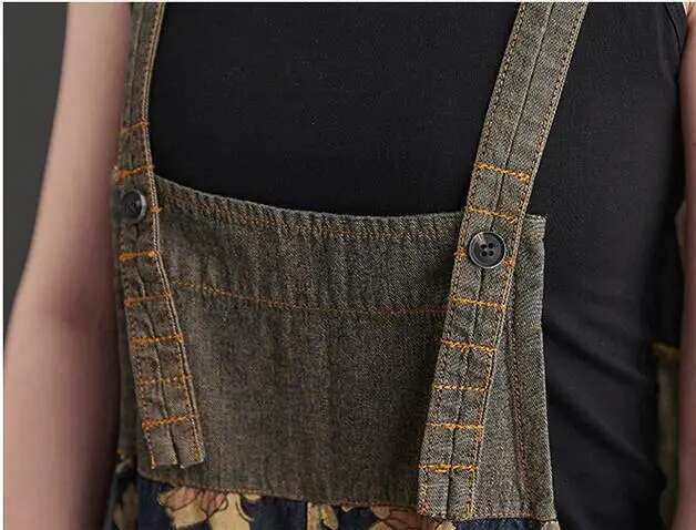 Summer Ladies Ankle-Length Loose Wide Leg Jumpsuits Women Ral Print Rompers Vintage Denim Overalls