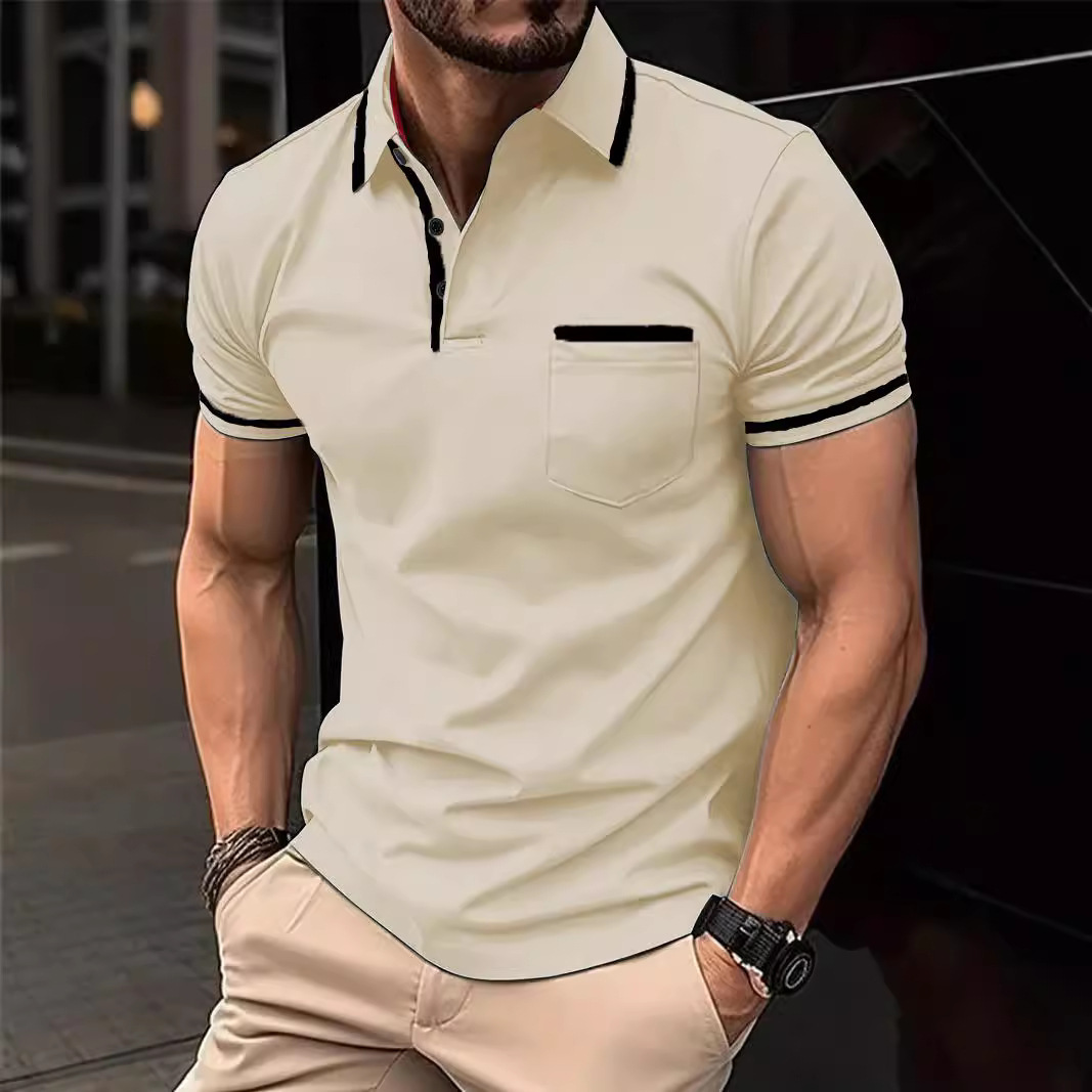 Spring mens printed casual fashion polyester short sleeved striped zipper polo shirt mens T-shirt