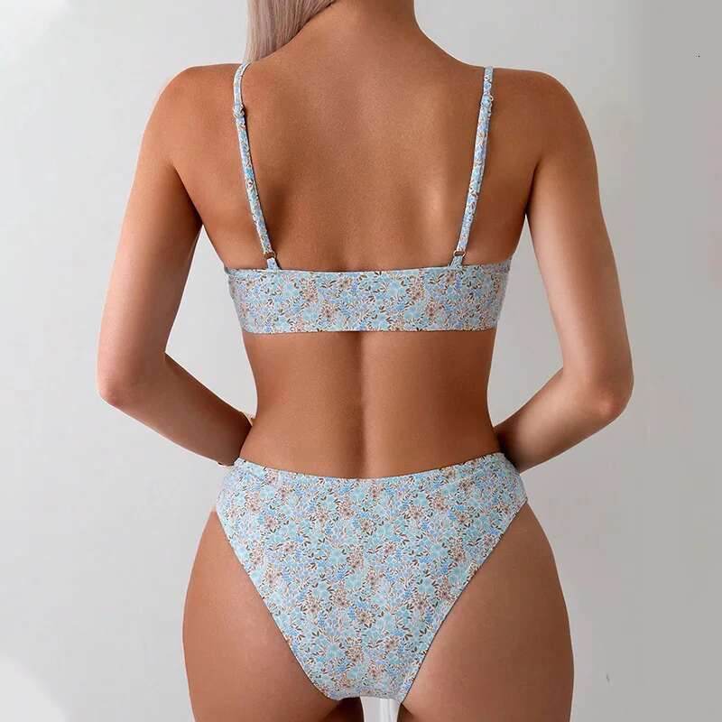 2025 New ral Print Bikini Set Women's Light Blue Lace 2 Piece Swimsuit V-neck Suspender Backless Beach Vacation Bathing Suit