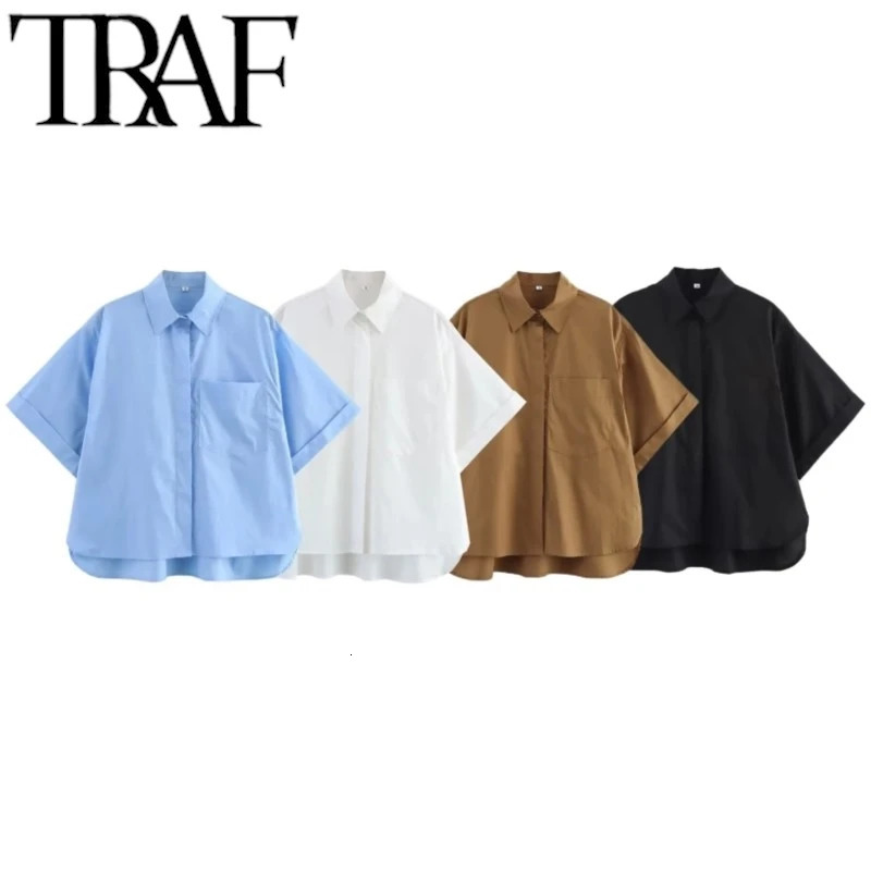 TRAF 2025 Woman Fashion Pocket Embellished Poplin Shirt Casual Slim Short Sleeve Single Breasted Blouses Spring 250402