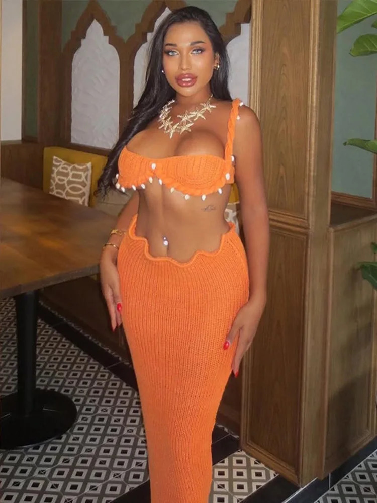 Sexy Knitted Beach Skiing Set Womens Elegant Twisted Splicing Shell Bra Top Summer High Waist Vacation Solid 250403