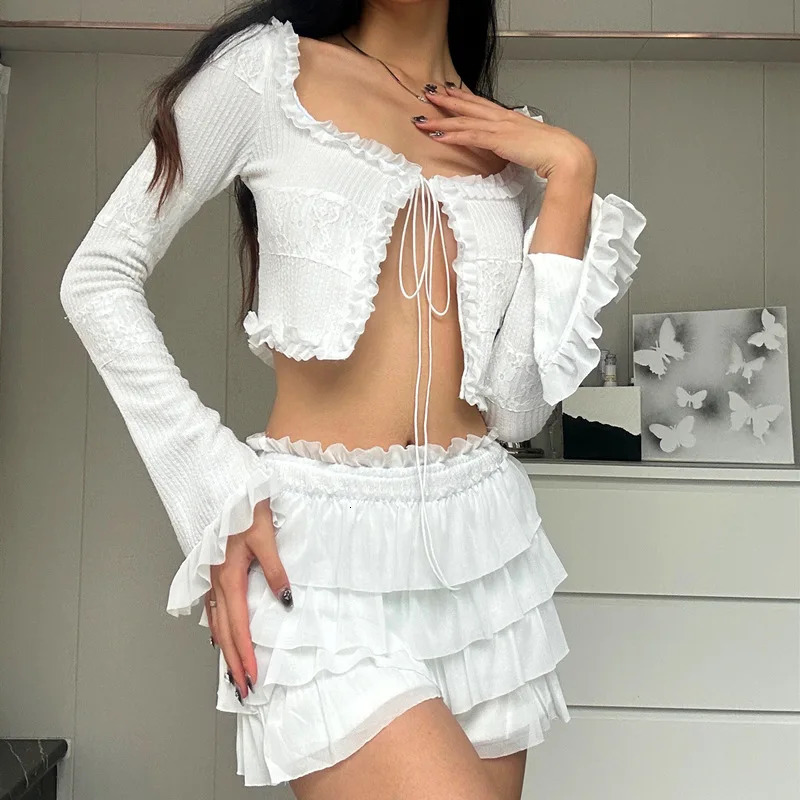 Womens solid sweet mini skirt set with folded edges and laminated square neckline crop top twopiece casual girl sexy Y2K 250403