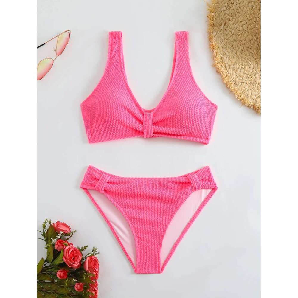 2025 Summer New Women's 2 Piece Swimsuit Solid Color High Waist Bikini Set V-neck Backless Beach Vacation Bathing Suit Swimwear