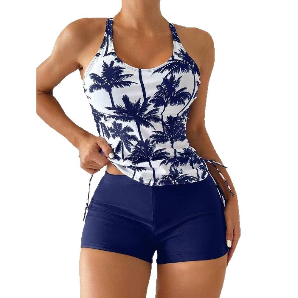 2025 new coconut tree print multi-color drawstring slimming solid color boxer shorts swimsuit for women