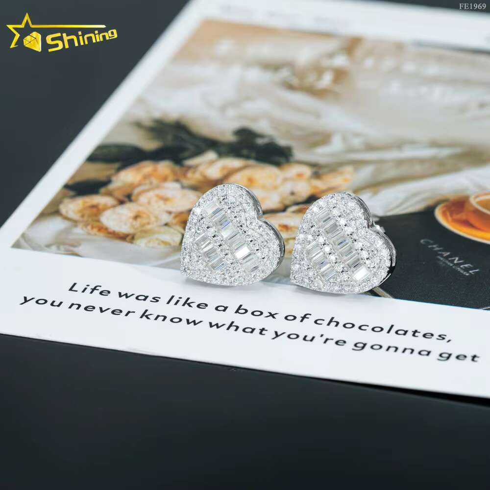 Ready to Ship Hiphop Jewelry 925 Sterling Silver Iced Out baguette Moissanite Diamond Stud Screw Back Earrings for Men