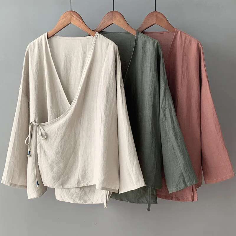 Limiguyue Cotton en Blouse Casual Slanted Collar Lace-up Cardigan Women Spring Autumn Loose Thin Shirt Clothing Literary F762