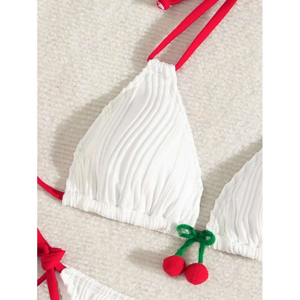 Sexy White Cherry Bikini Set 2025 Women Red Strap Contrast Ribbed Push Up Micro Swimwear Brazilian Beach Bathing Suit Swimsuit