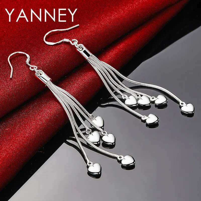 Women's Sterg Sier 70MM Upper Tassel Heart Earrings For Fashion Girlfriend Wedding Jewelry Gifts Accessories