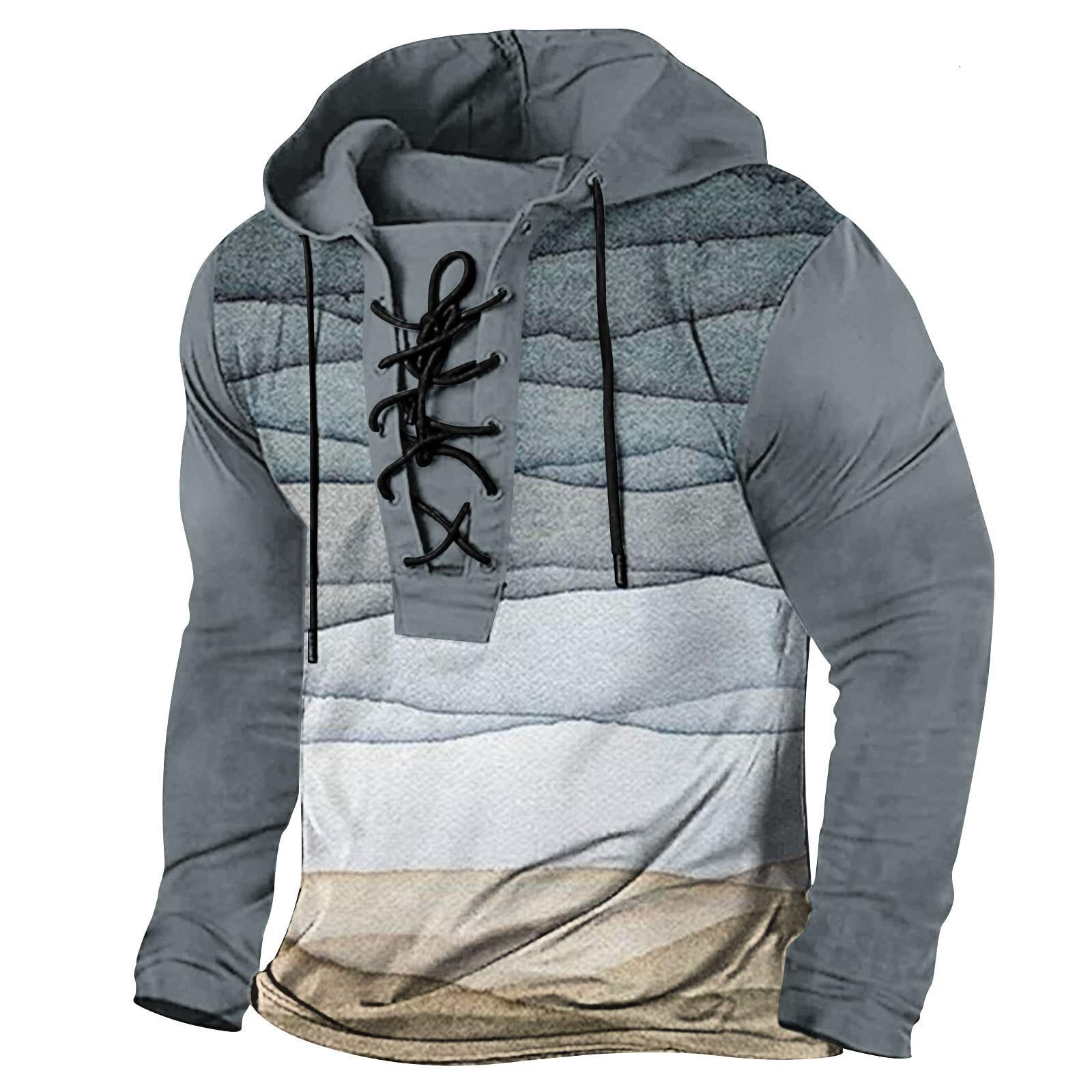 2024 Spring New Mens Clothing Mens Digital Printed Rope Large Hooded Long Sleeve T-shirt