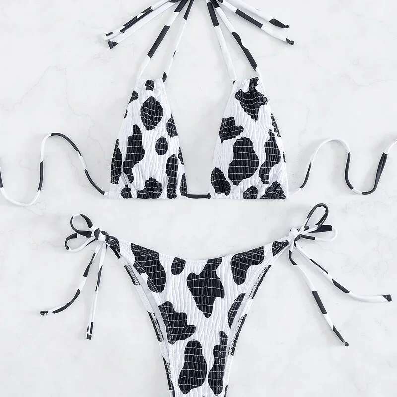 New Cow Print 2-piece Swimsuit Foe Women 2025 New,sexy Low Waist Lace-up Thong Bikini,suspender Hollow Out Bathing Suit