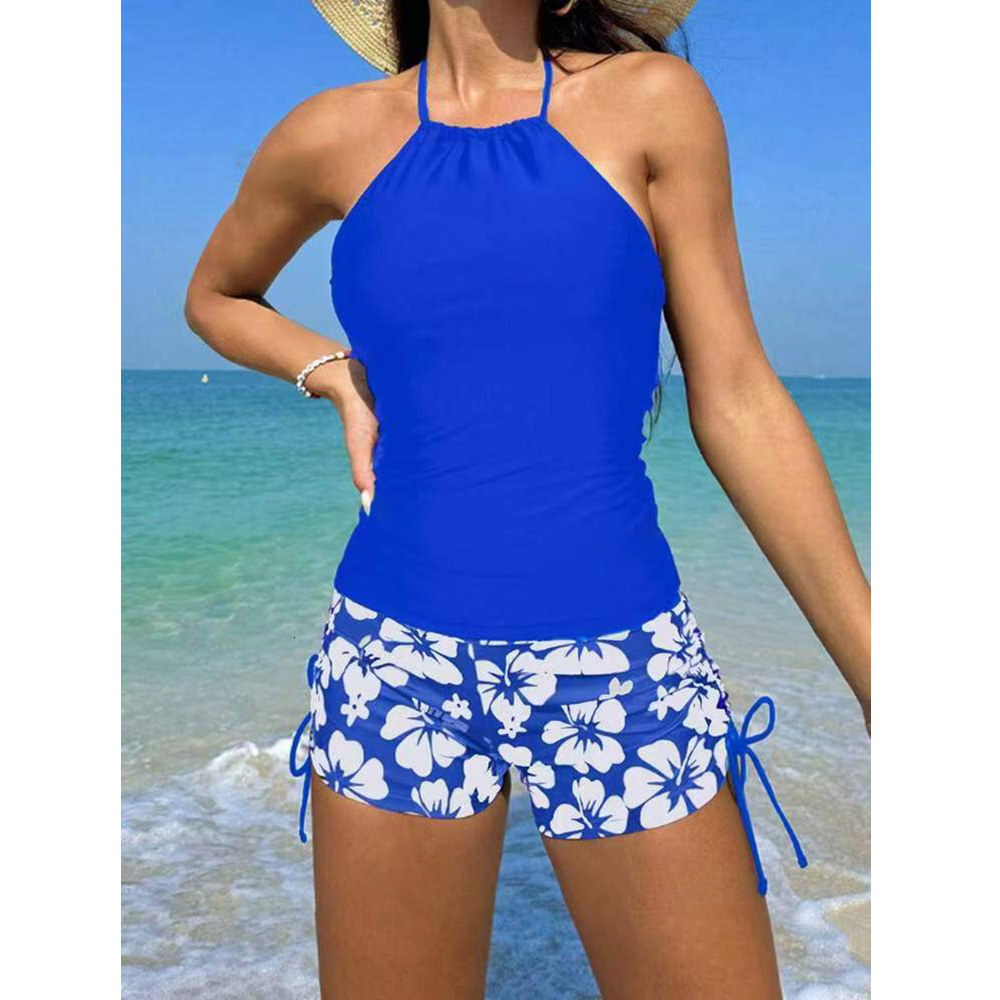2025 New Split Neck Strap Drawstring Printed Flat Angle Pants Set Swimsuit