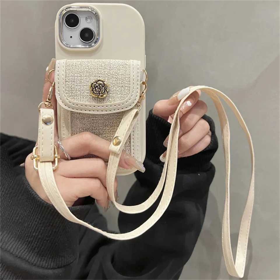 Korean 3D Camellia Leather Card Bag Crossbody Lanyard Soft Soap Case For iPhone 15 14 Pro Max 13 12 11 XS X XR 7 Plus Cover J251202
