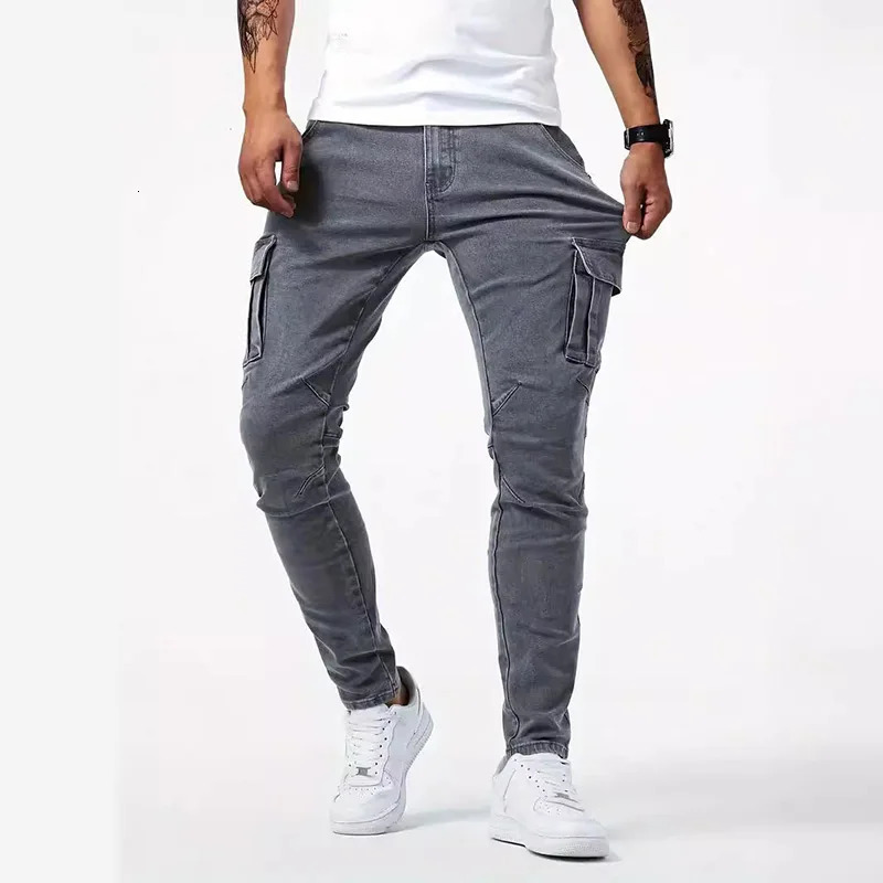 Street elastic jeans pencil pants mens denim cargo solid color multi pocket casual tight fitting clothing 250401