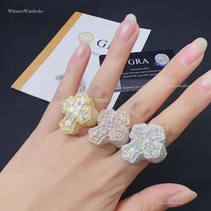 Iced Out Sier Big Da Mens Real Dia Have a certificate Moissanite Ring sier Cross Rings Hip Hop Women Jewelry Free shipping