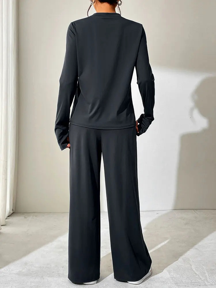 Spring Fashion Womens Long Sleeve Tshirt Trousers 2piece Street Clothing Oneck Solid Color Sexy Casual Slimming 250403