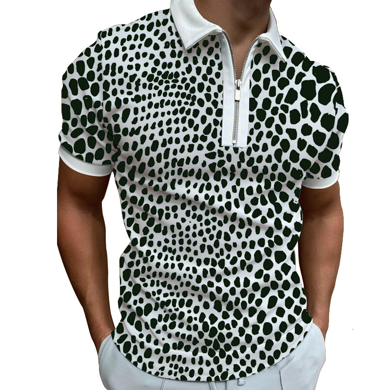 Spring new mens 3D printed casual polyester floral zipper POLO short sleeved T-shirt