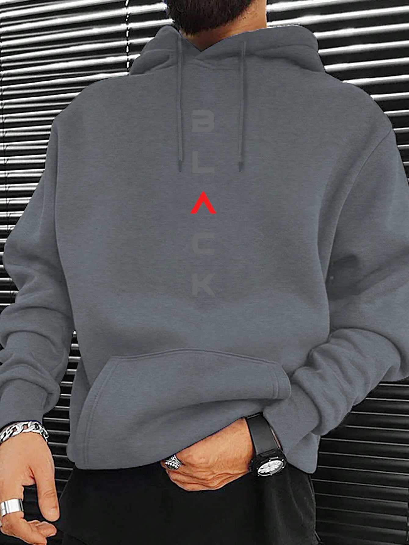 Mens autumn and winter casual fashion loose BLACK letter pattern printed long sleeved hooded sweatshirt warm pullover W251106