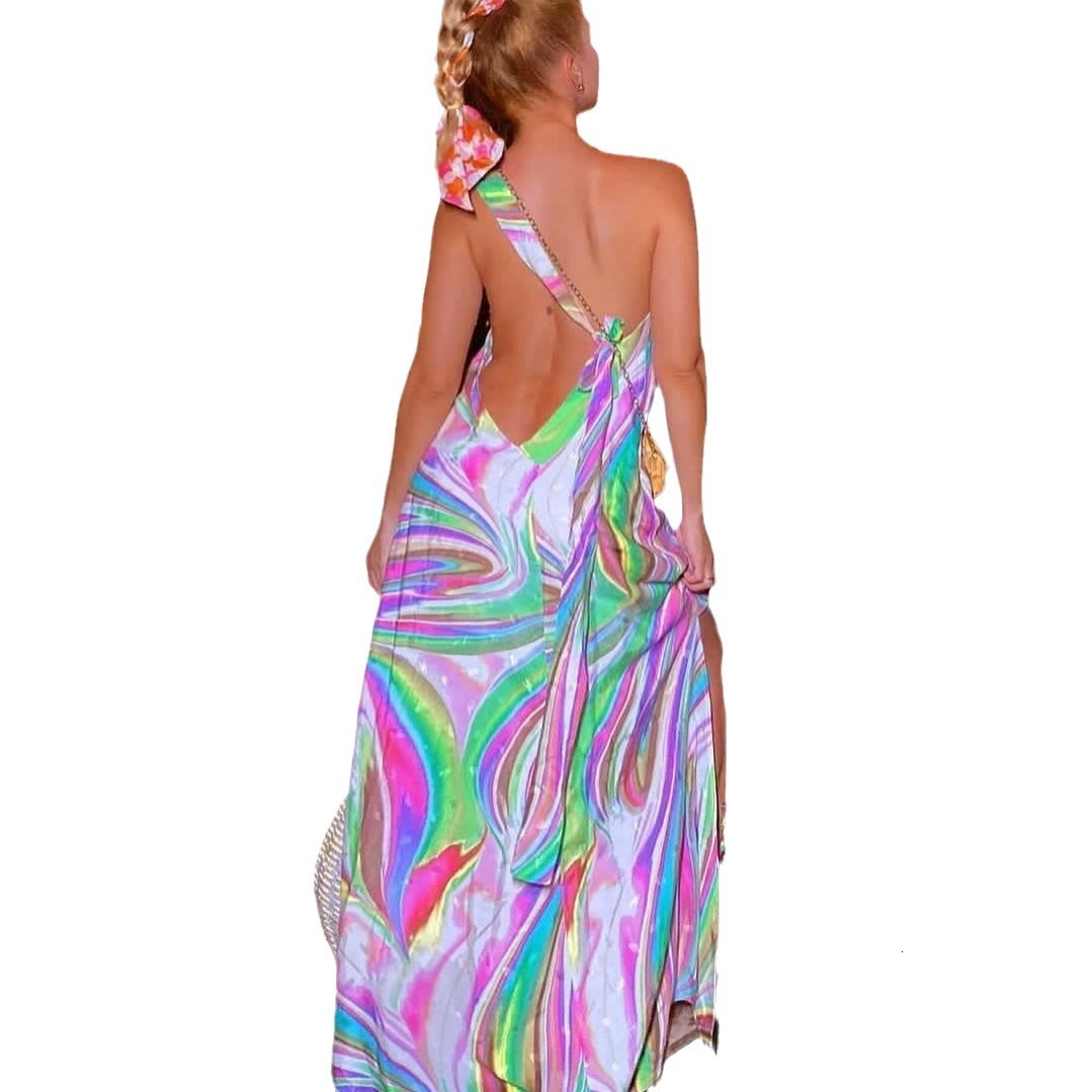 2025 New Spring/summer Fashion Womens Printed Lace Up Slit Backless Vacation Style Dress Long Skirt