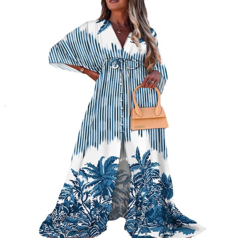 2025 New Womens Spring/summer Leisure Vacation Style V-neck Printed Dress